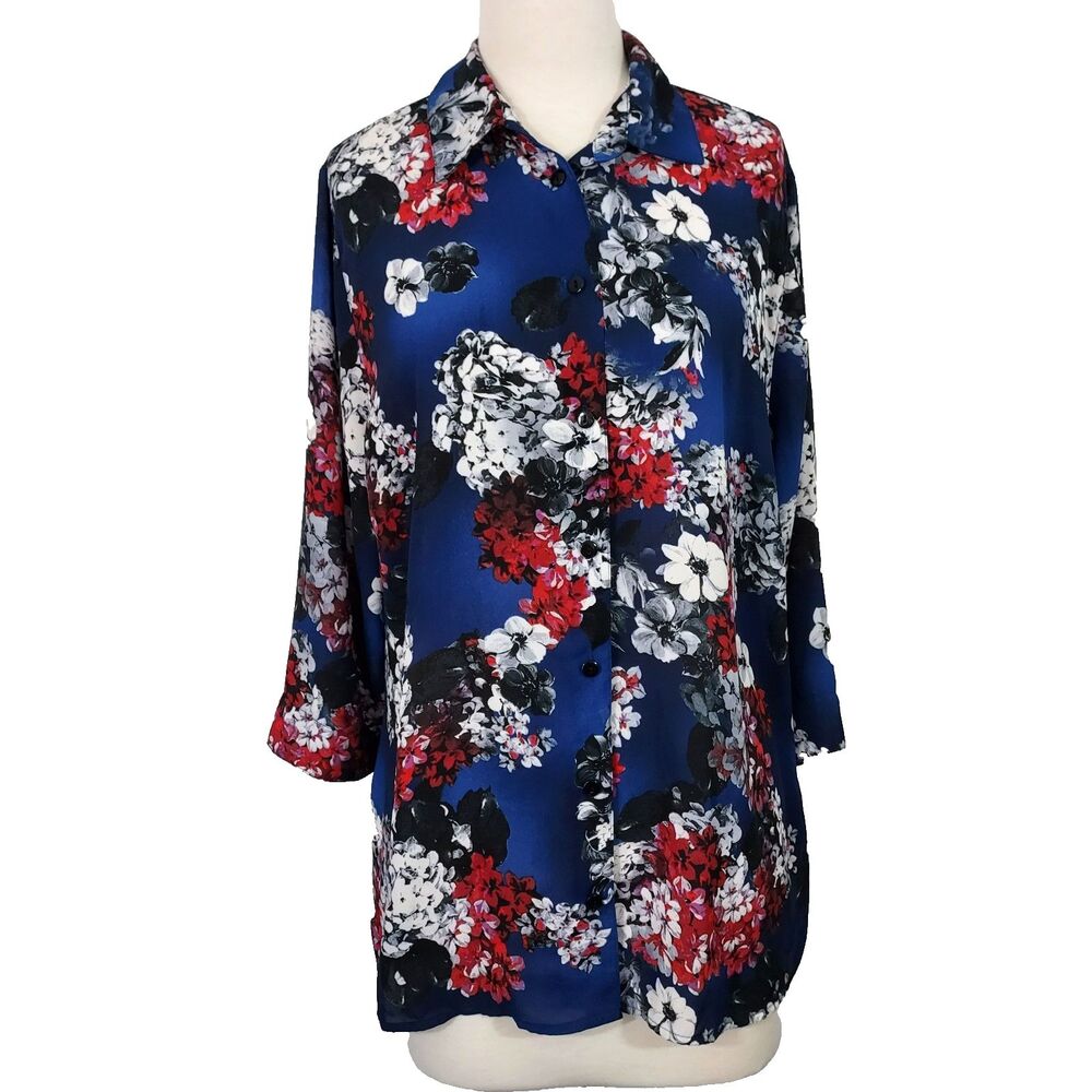 BonWorth Blouse Floral 3/4 Sleeve Button Up Women size Large Sheer Shirt Top